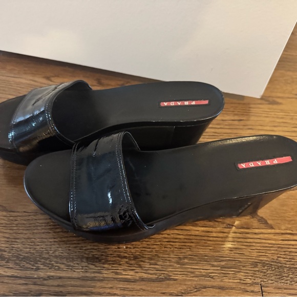 Prada Women's Glossy Black Wedge Sandals - Picture 1 of 6
